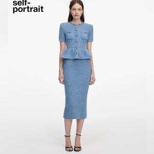 Self portrait BLUE PEPLUM KNIT MIDI DRESS $700 New with tags
